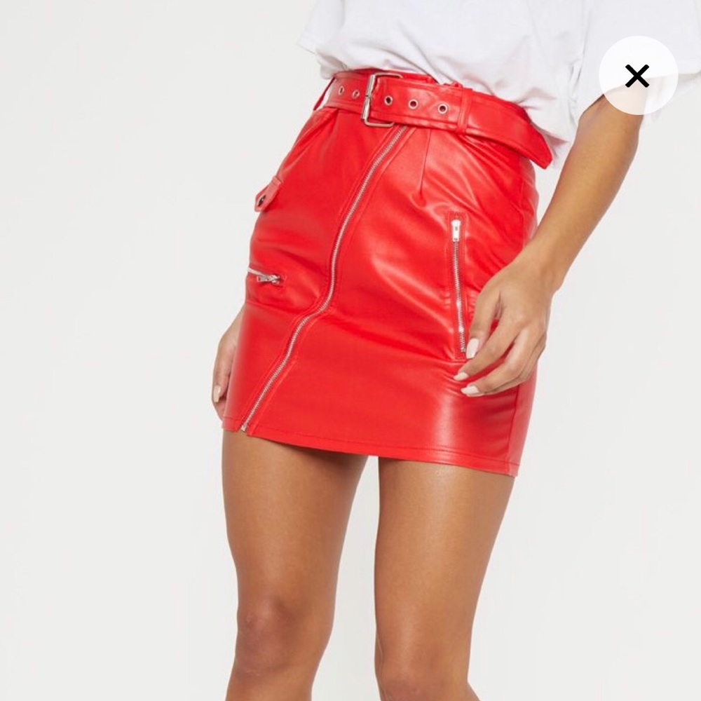 PRETTYLITTLETHING - Red Biker Belted Mini Skirt